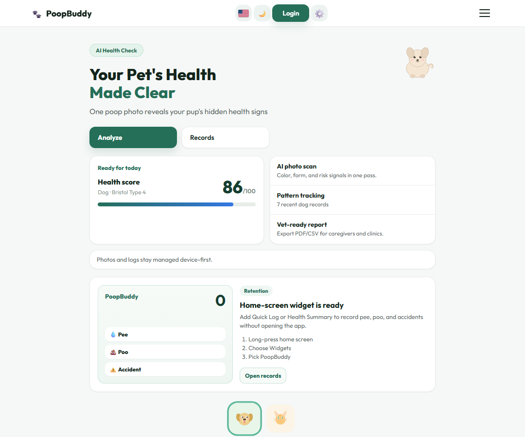 PoopBuddy dashboard preview in English